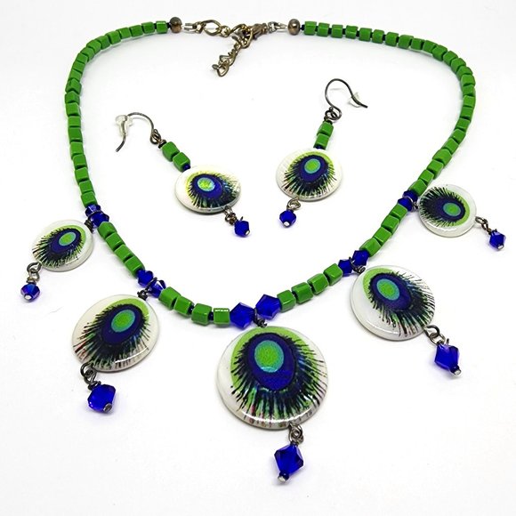 Vintage Peacock Blue Green MOP Handmade One of a Kind Necklace Earrings Set - Picture 7 of 8